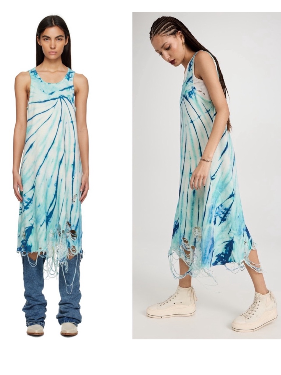 R13 Blue Tie-Dye Destroyed Knit Tank Dress